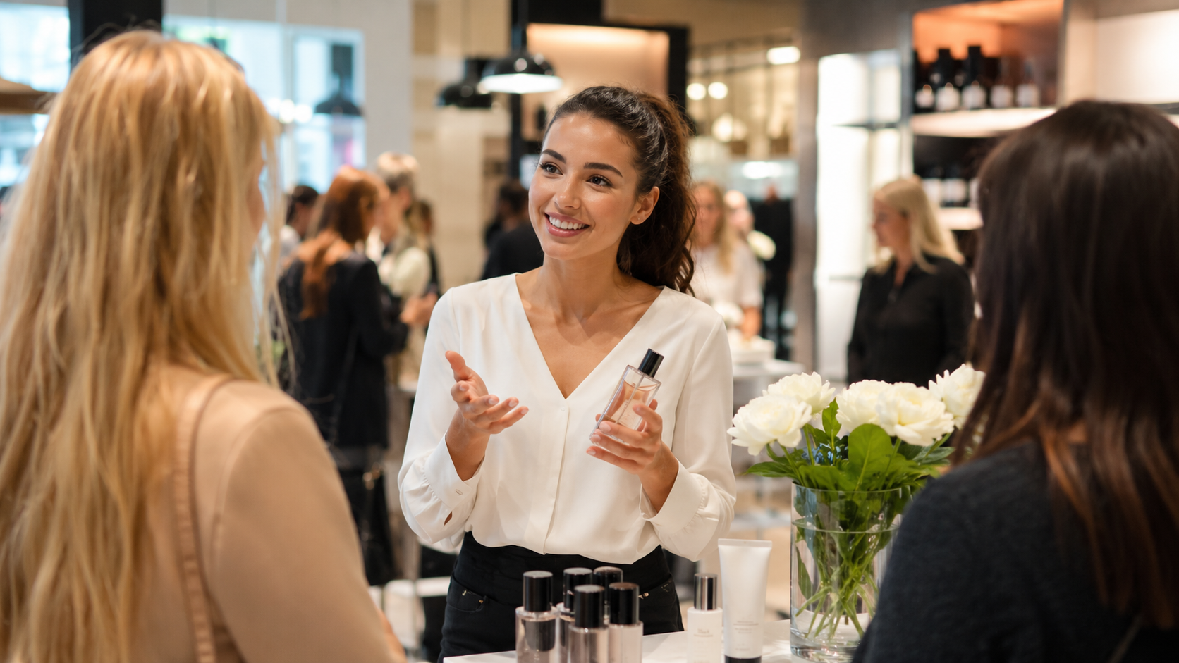 Female student working as a promoter at a trade fair booth in Germany in 2026