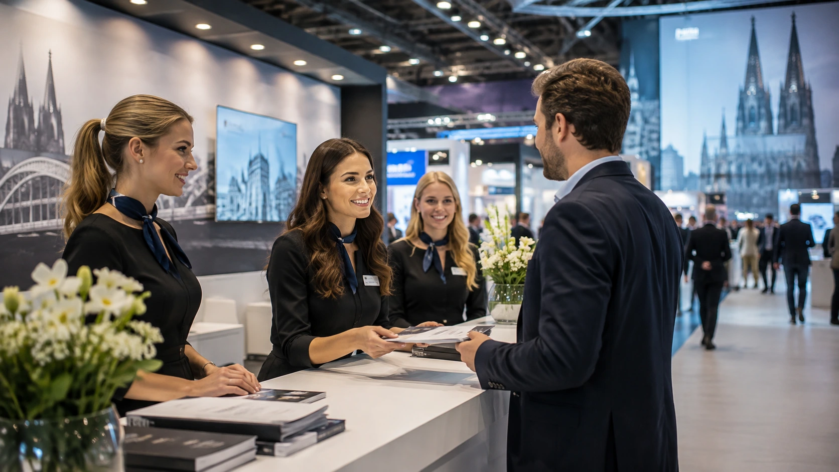 Messehostess begrüßt Fachbesucher an einem Messestand auf dem Kölner Messegelände