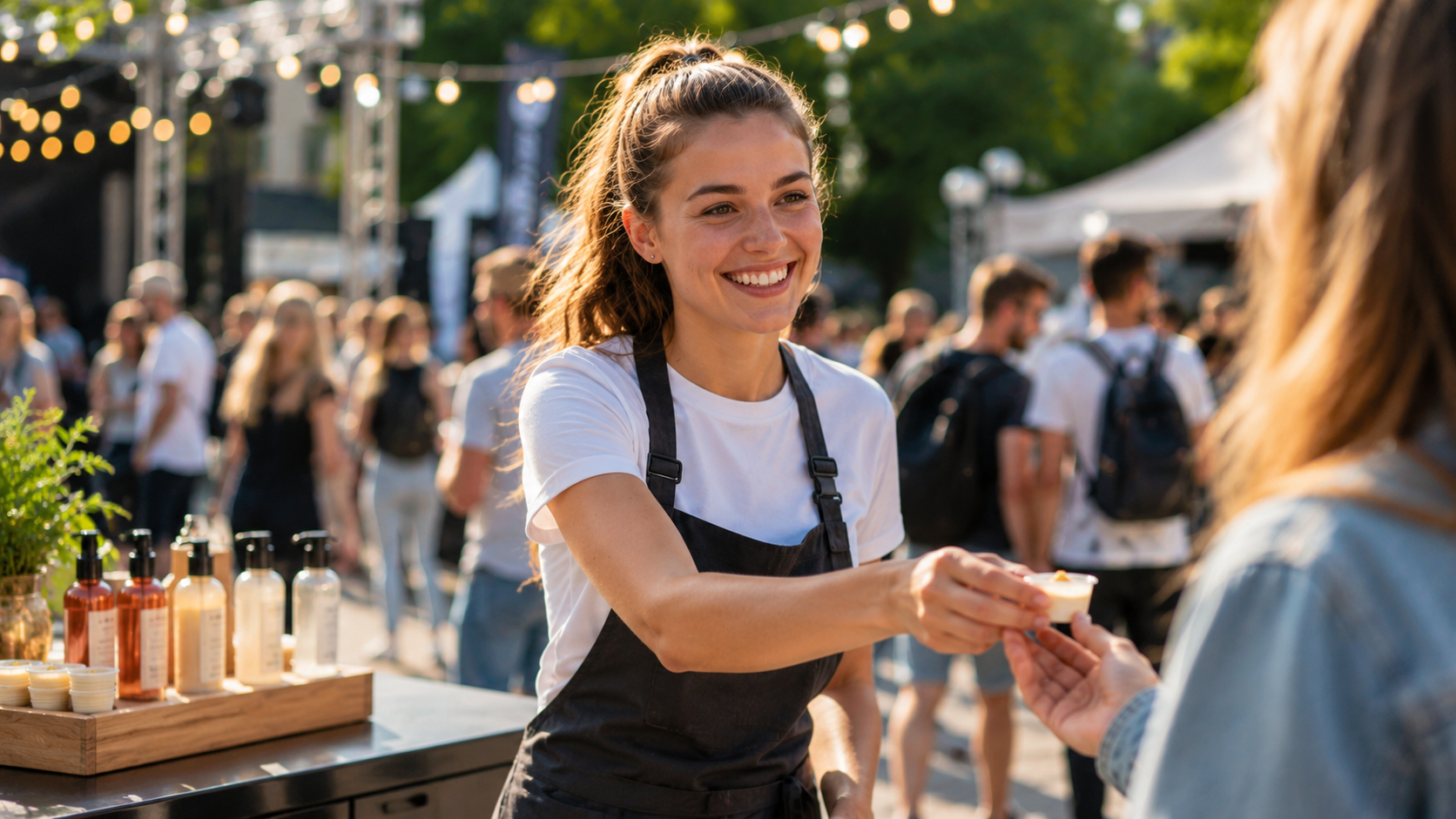 Promotional staff member handing a product sample to a visitor at an outdoor promotion stand