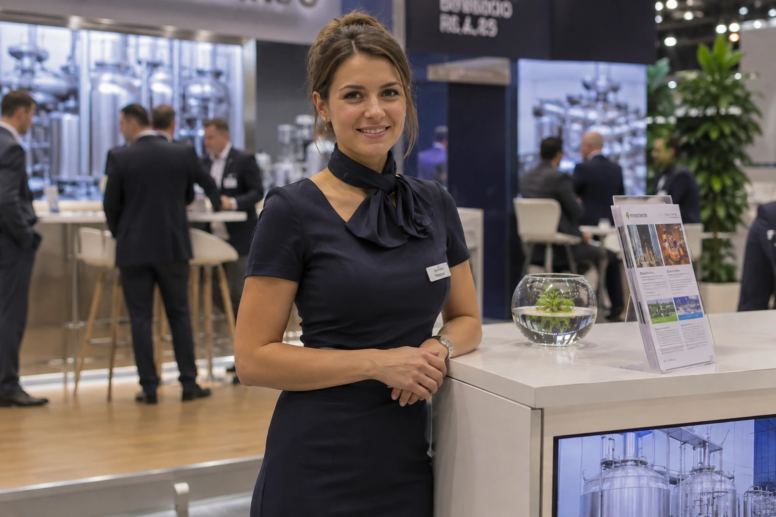 Hostess und Standpersonal begrüßen Besucher am Messestand in einer Messehalle