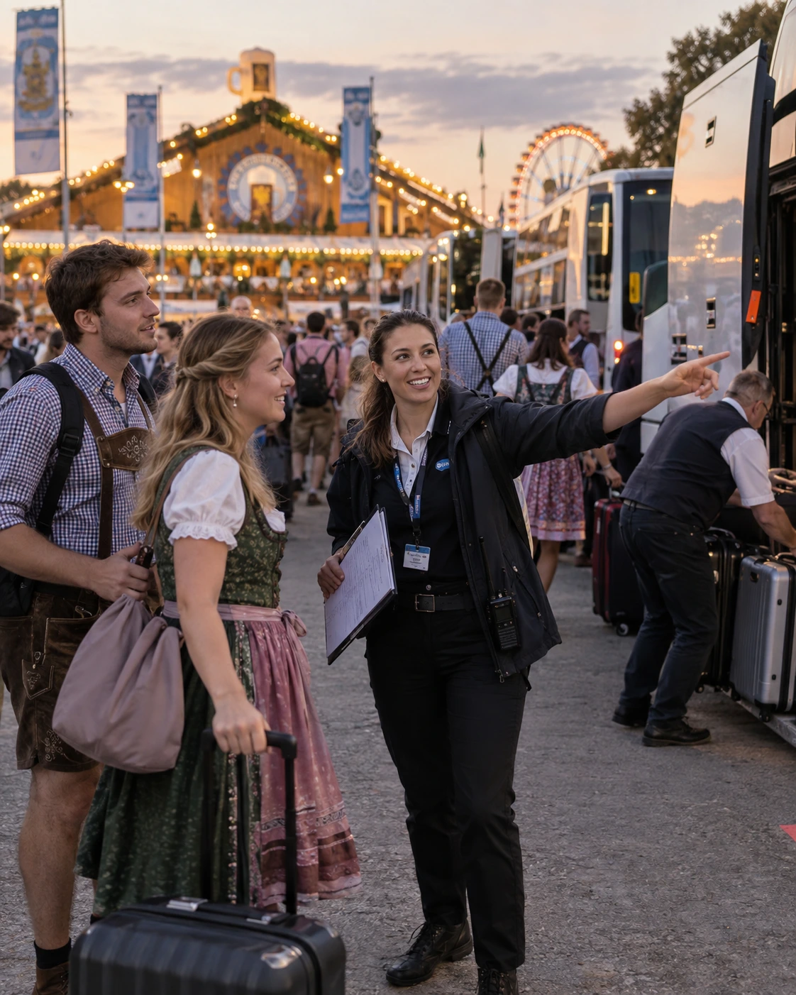 Hostess mit Klemmbrett weist Gäste in Tracht zu den Shuttlebussen