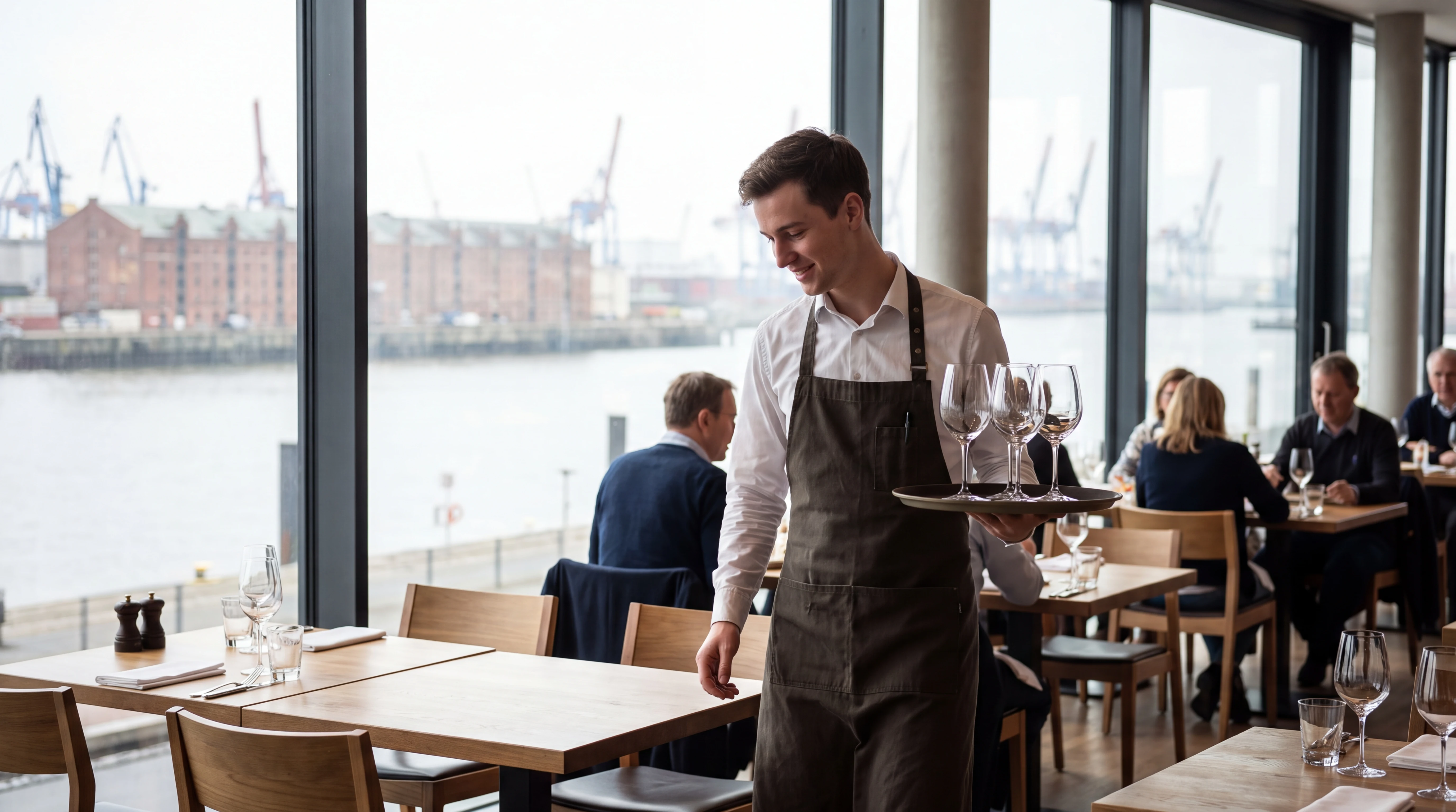 Hospitality staff in Hamburg: server carrying wine glasses through a harbour restaurant overlooking cranes and water