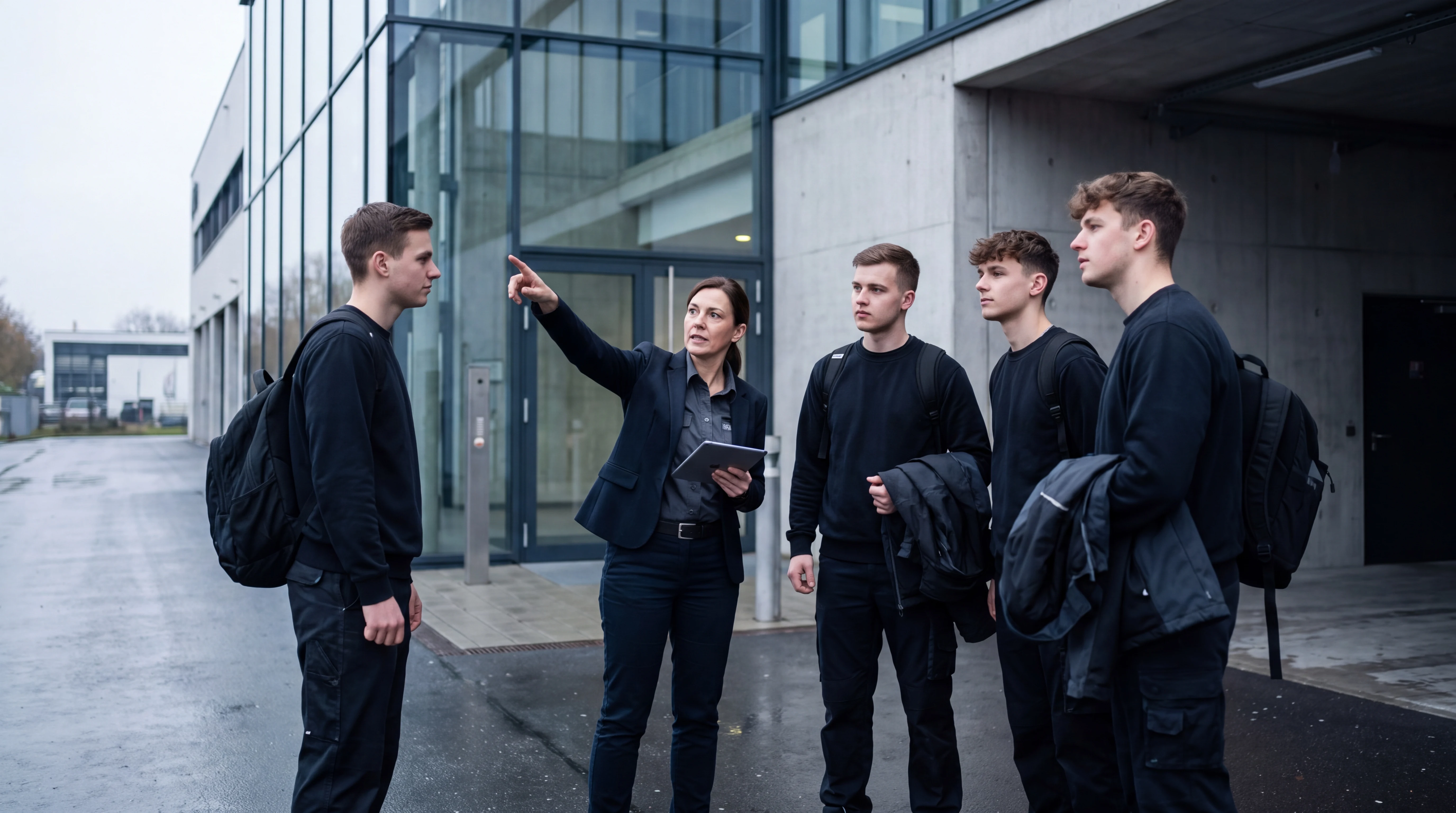 Operations manager with a tablet briefing four short-notice staff outside the entrance of a modern company building