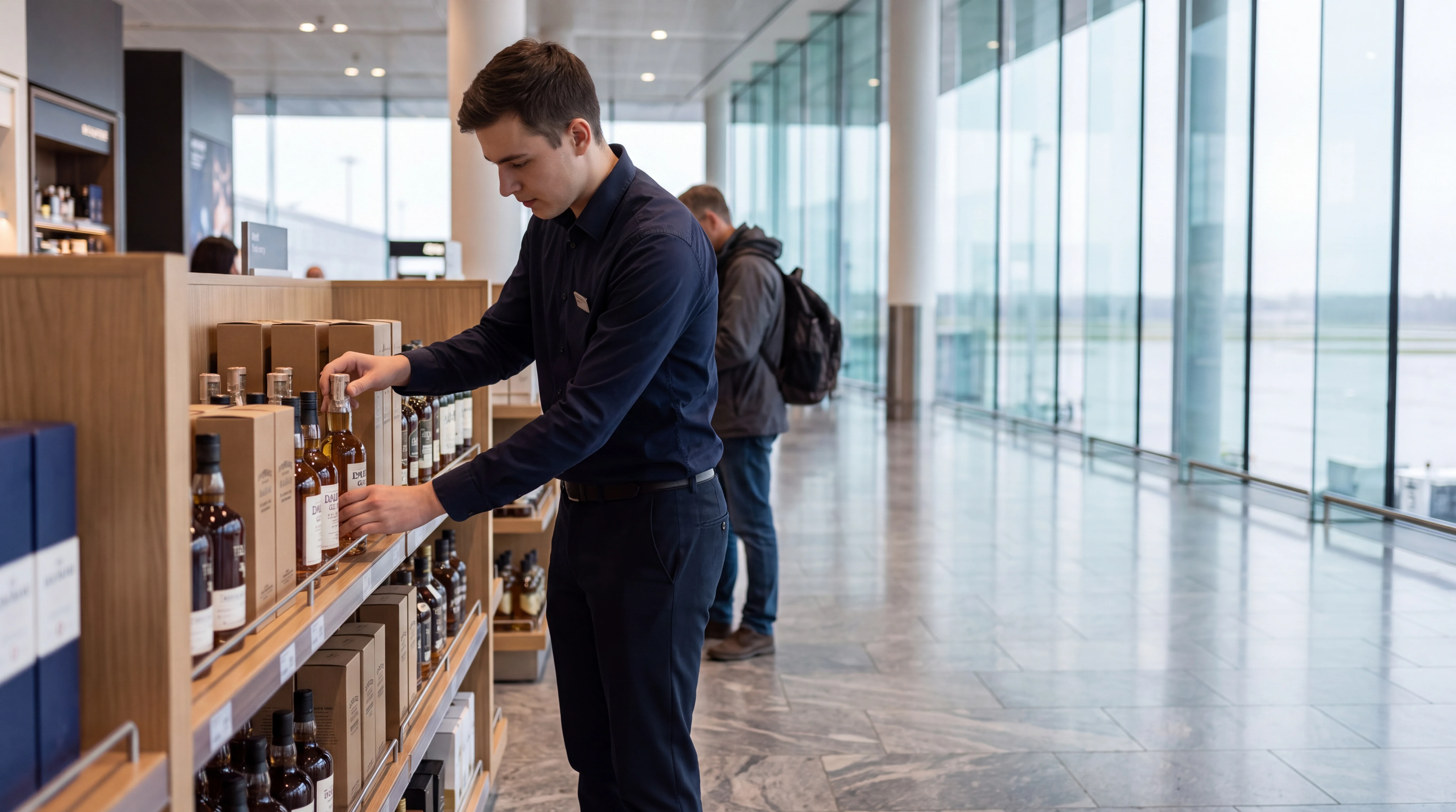 Flughafenpersonal in München: Verkäufer räumt Flaschen in ein Regal im Terminal-Retail, dahinter Panoramafenster