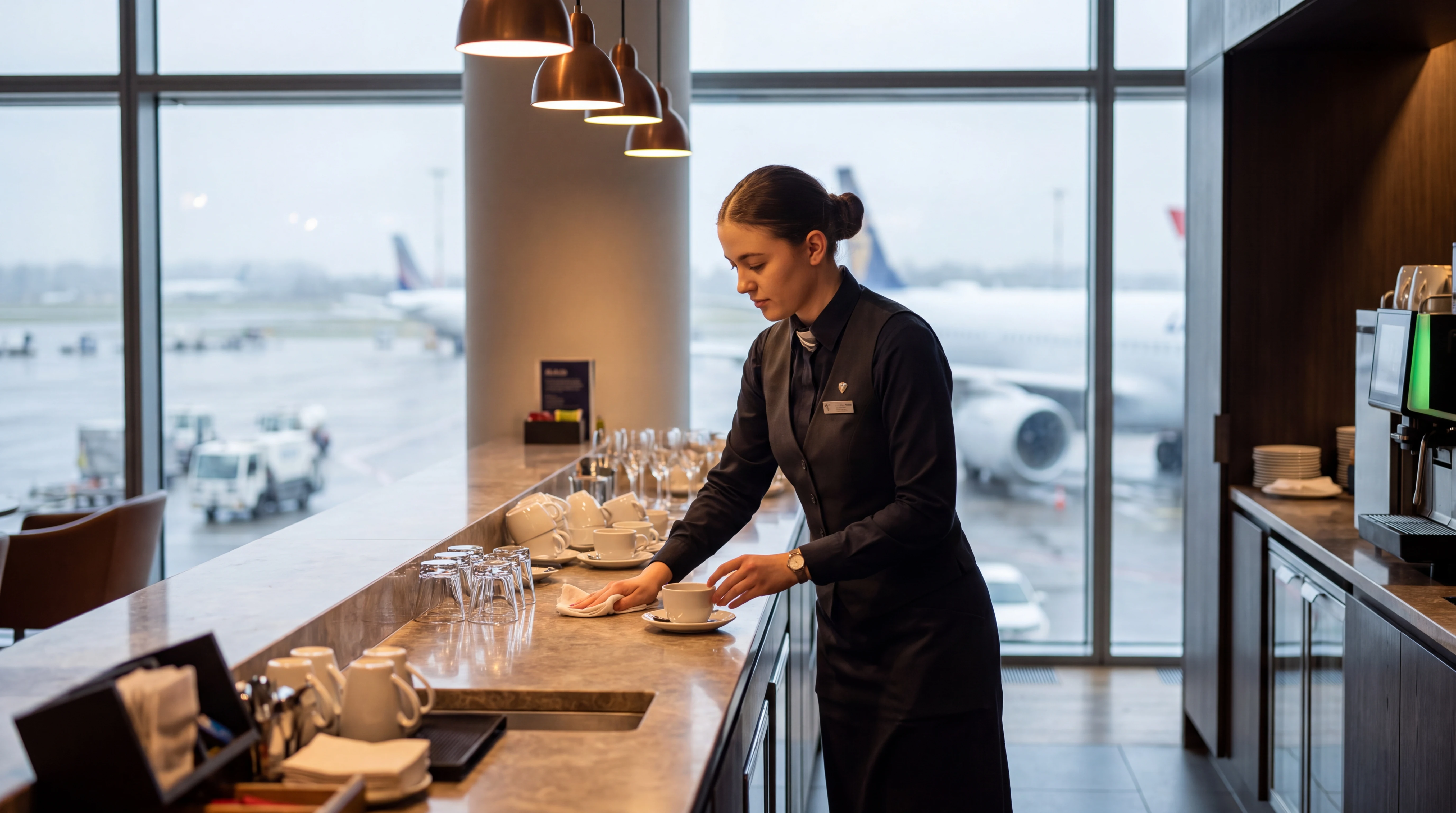 Flughafenpersonal in Frankfurt: Lounge-Mitarbeiterin richtet die Kaffeetheke, dahinter Vorfeld mit Flugzeugen