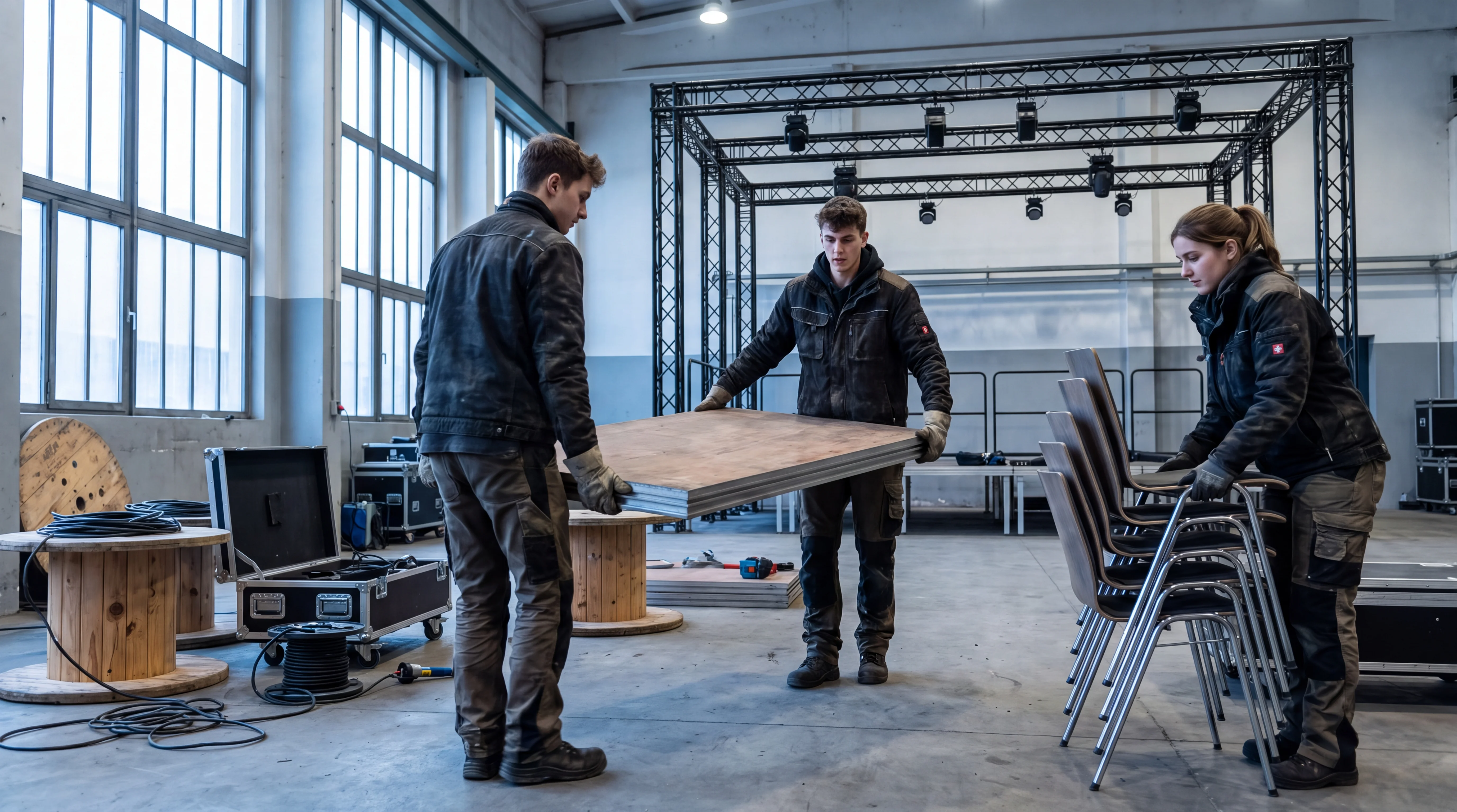 Aufbauhelfer tragen in einer Eventhalle ein Bühnenelement, daneben gestapelte Stühle, Flightcases und Kabeltrommeln