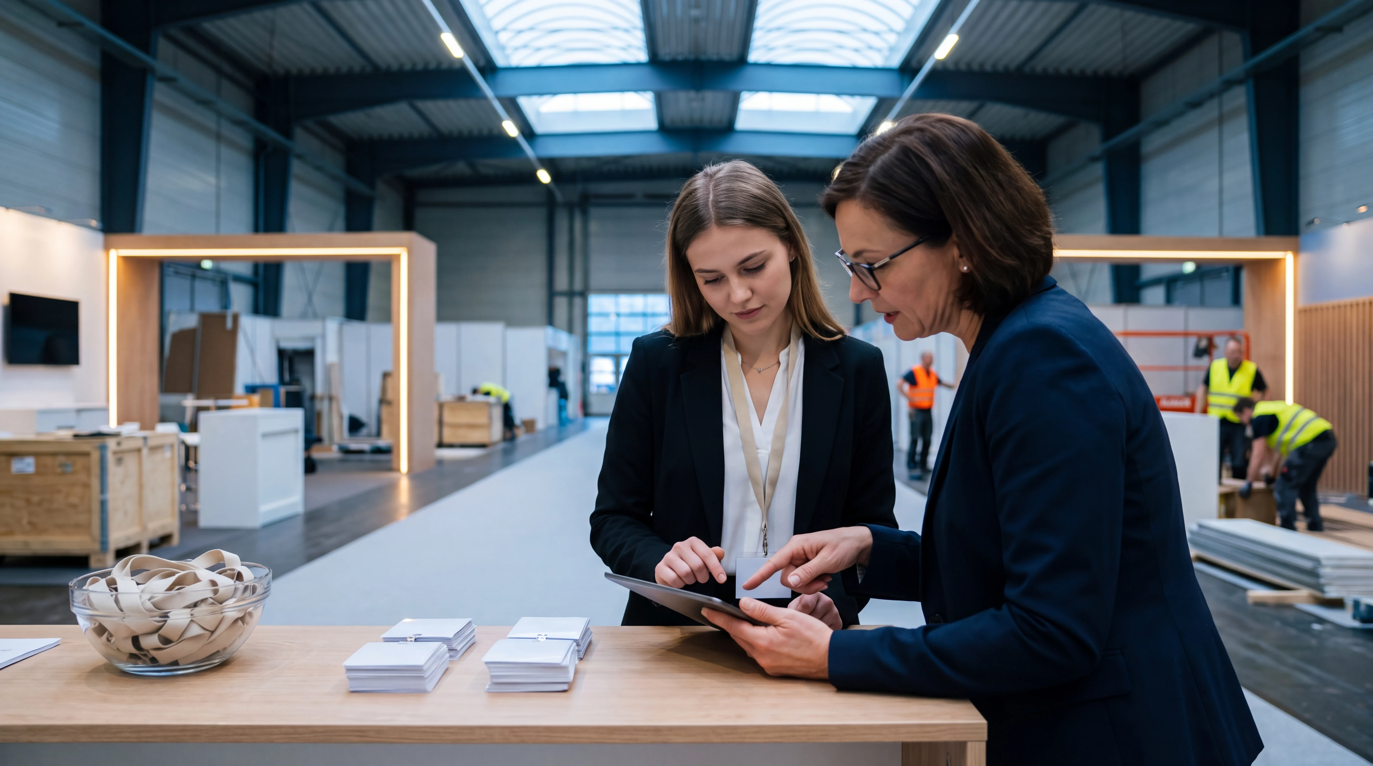 Studentin als Messehostess liest vor Messebeginn mit der Standleitung das Briefing auf einem Tablet am Empfangstresen