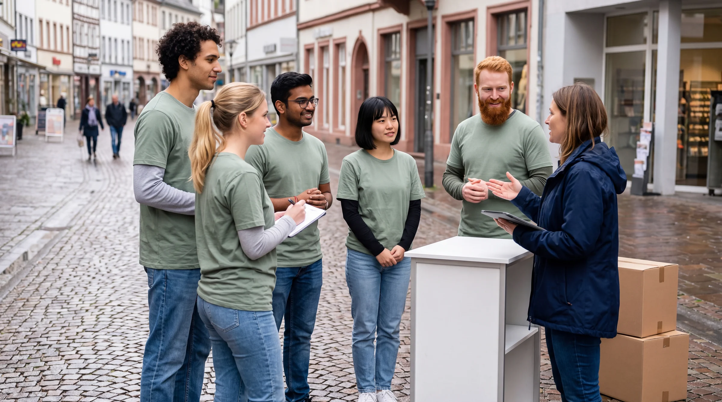 Promotion team in a pedestrian zone: a supervisor briefs five promoters with a tablet before the campaign starts