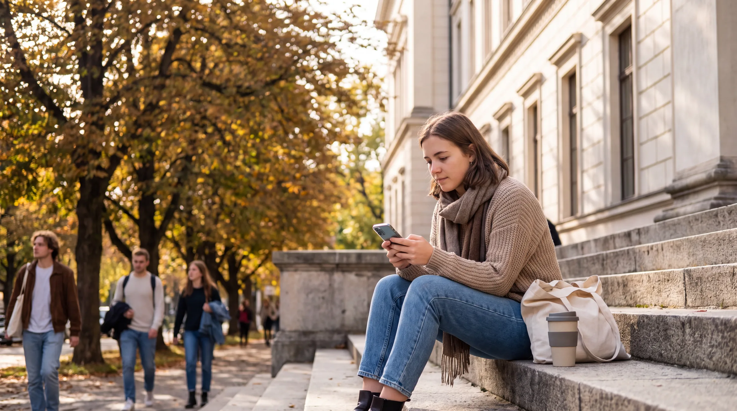 Studentin sitzt im Herbst auf den Steinstufen eines Münchner Universitätsgebäudes und schaut auf ihr Smartphone