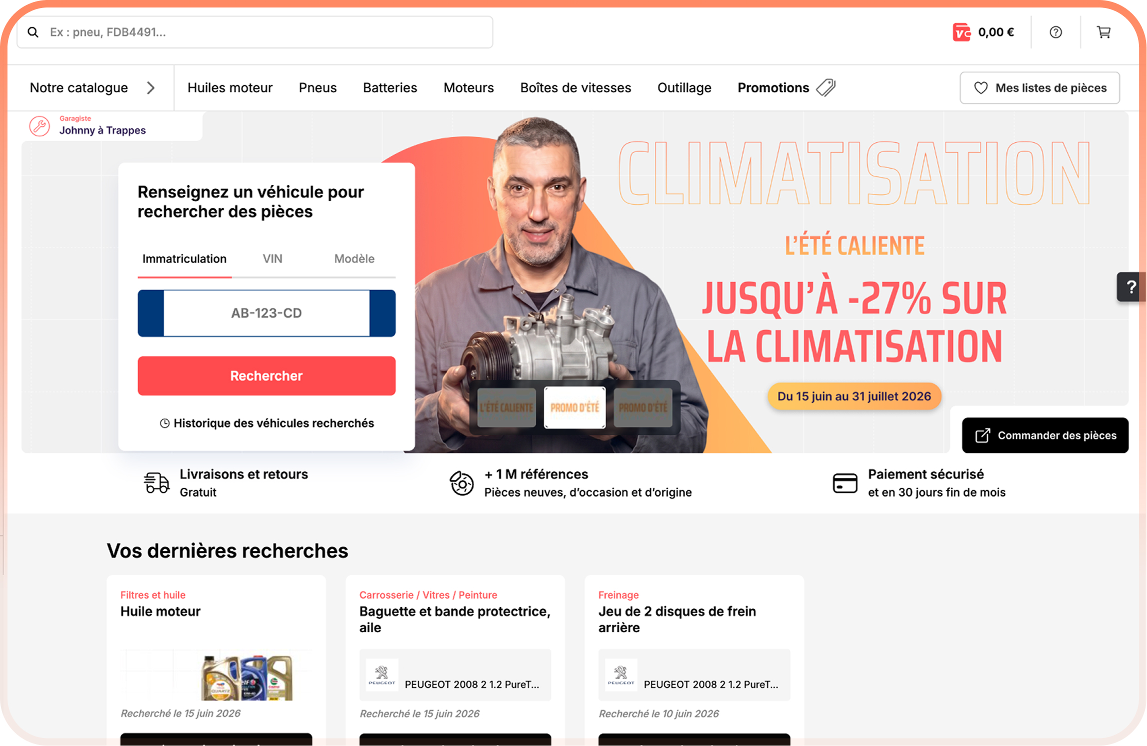Interface de la marketplace Vroomly — recherche de pièces auto par immatriculation, VIN ou modèle