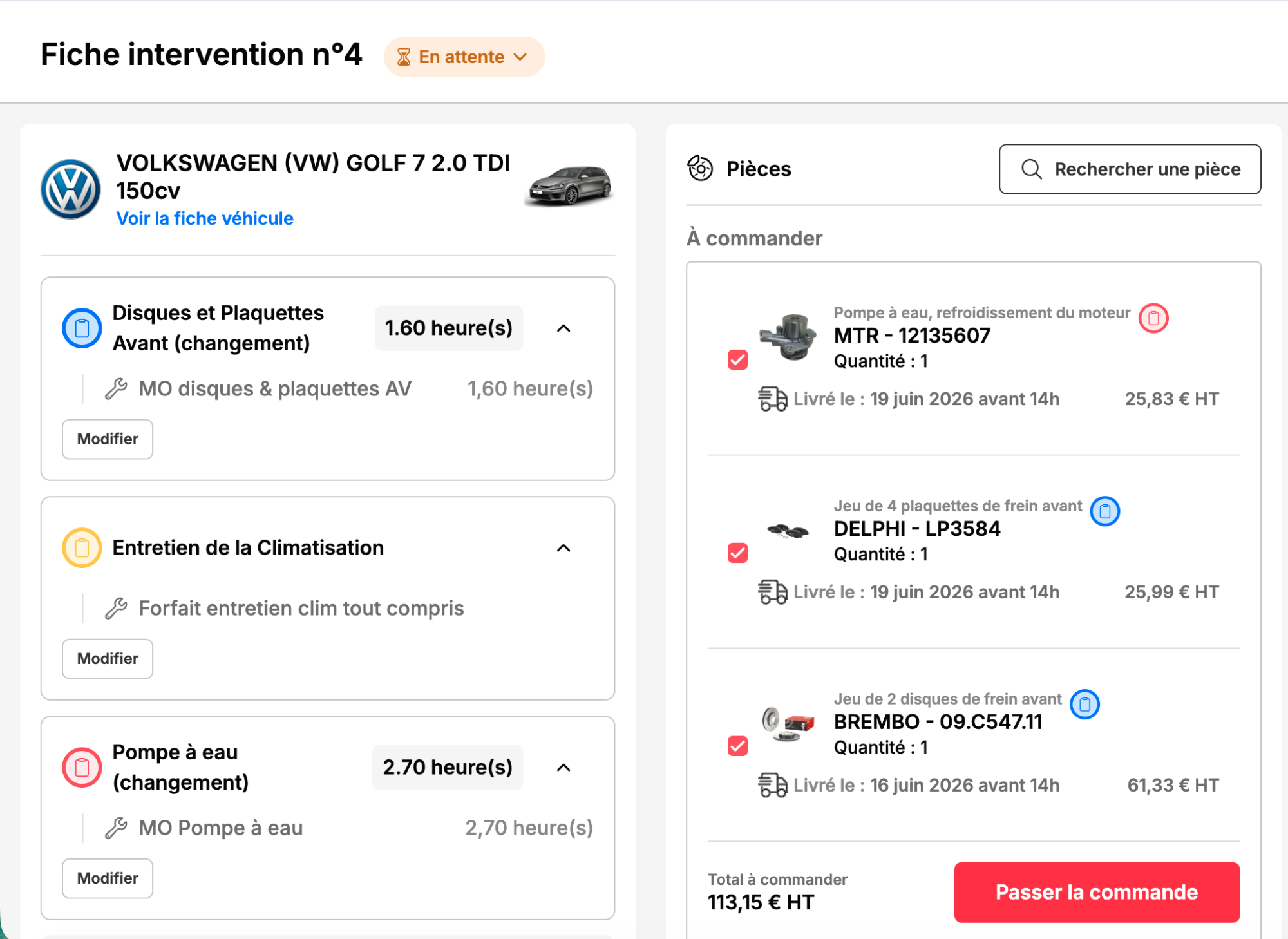 Commande de pièces auto directement depuis la fiche intervention Vroomly