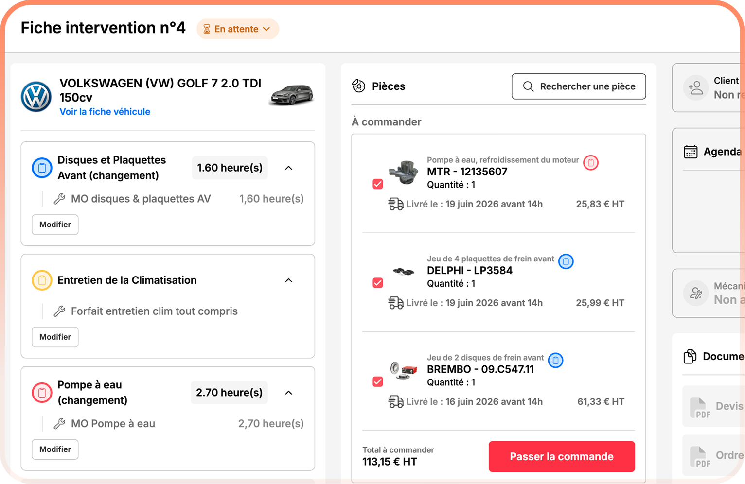Logiciel atelier mécanique Vroomly — fiche intervention avec prestations, pièces à commander et délais de livraison intégrés