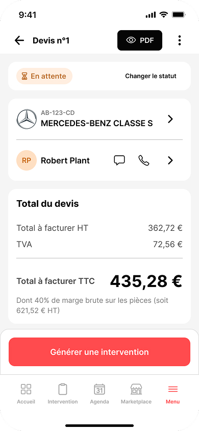 Devis dans l'app Vroomly