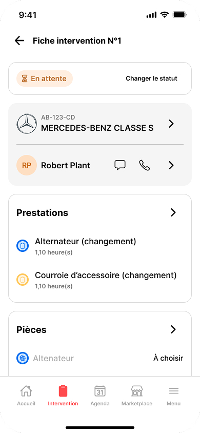 Fiche intervention dans l'app Vroomly