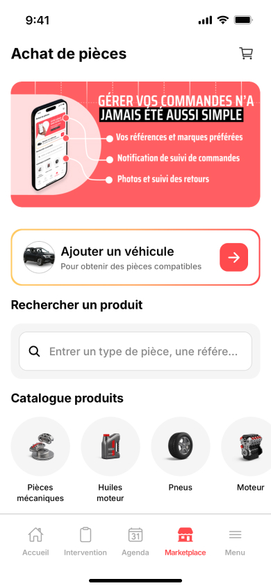 Marketplace de pièces dans l'app Vroomly