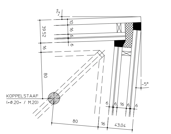 Technische doorsnede van de glas-glasverbinding tussen vooroverhellende gevel en glasdak.