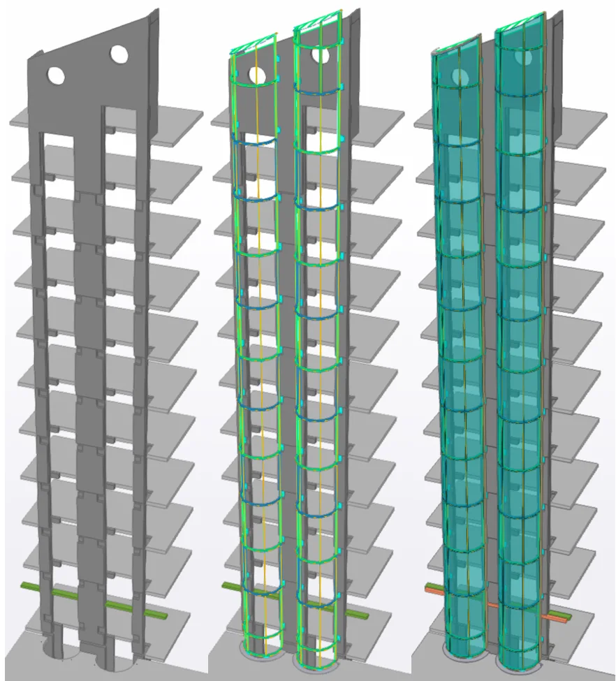 3D-model van de opbouw van de nieuwe liftschachten.