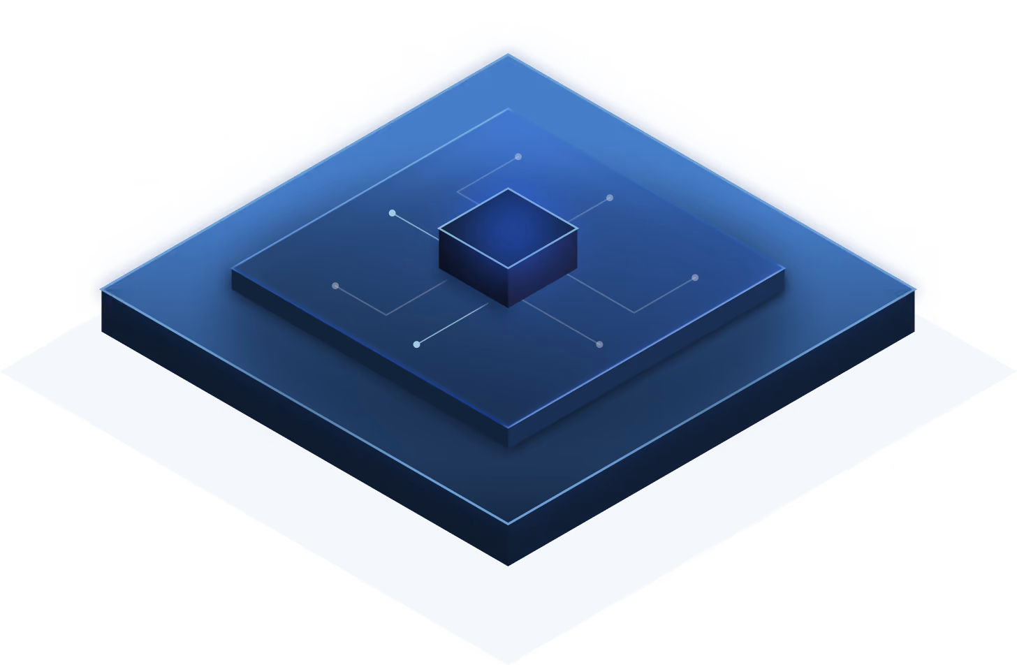 Isometric illustration of a blue microchip with layered square components and connecting lines on a black background.