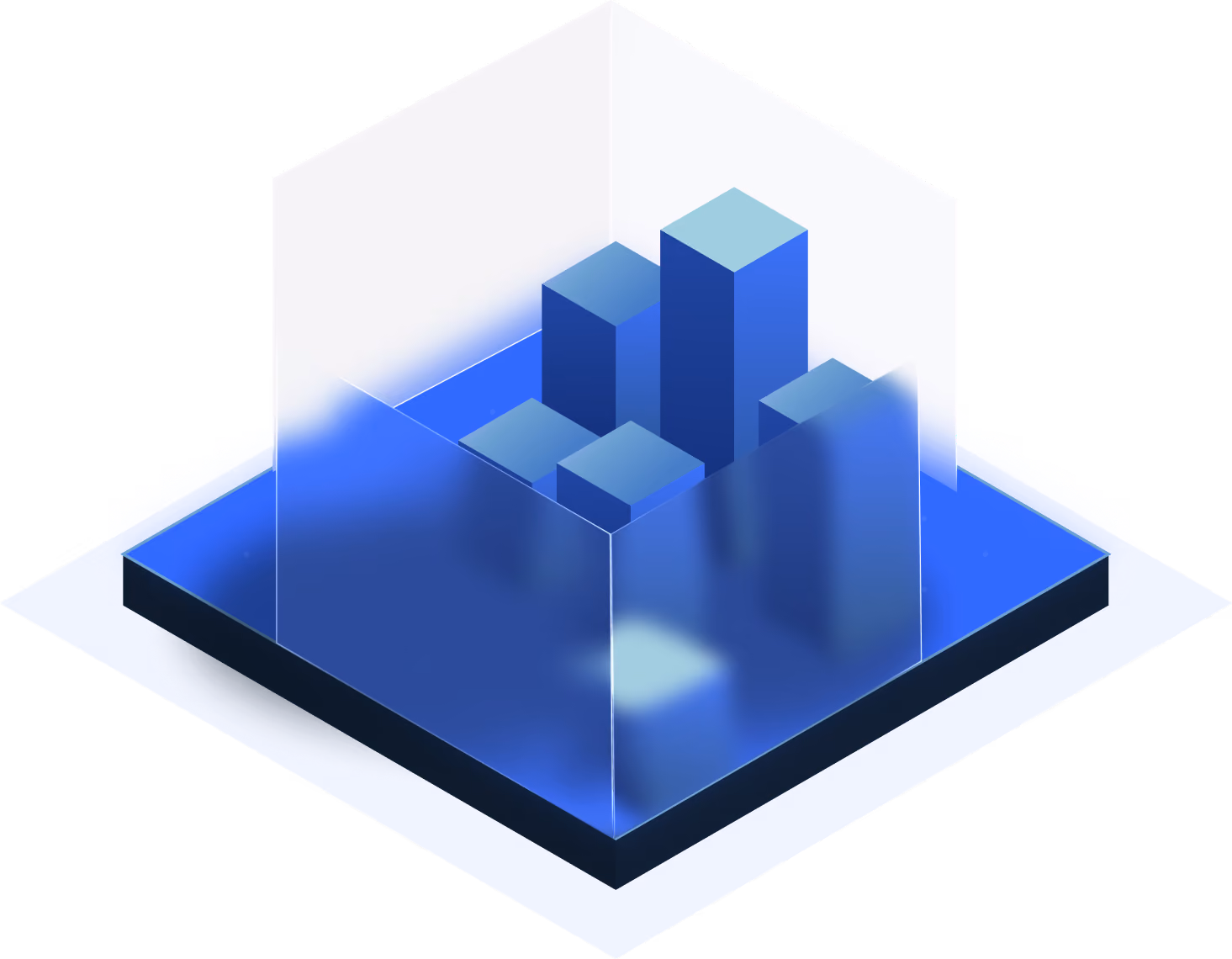 Isometric illustration of a transparent cube containing several blue 3D bar shapes of varying heights on a blue platform.