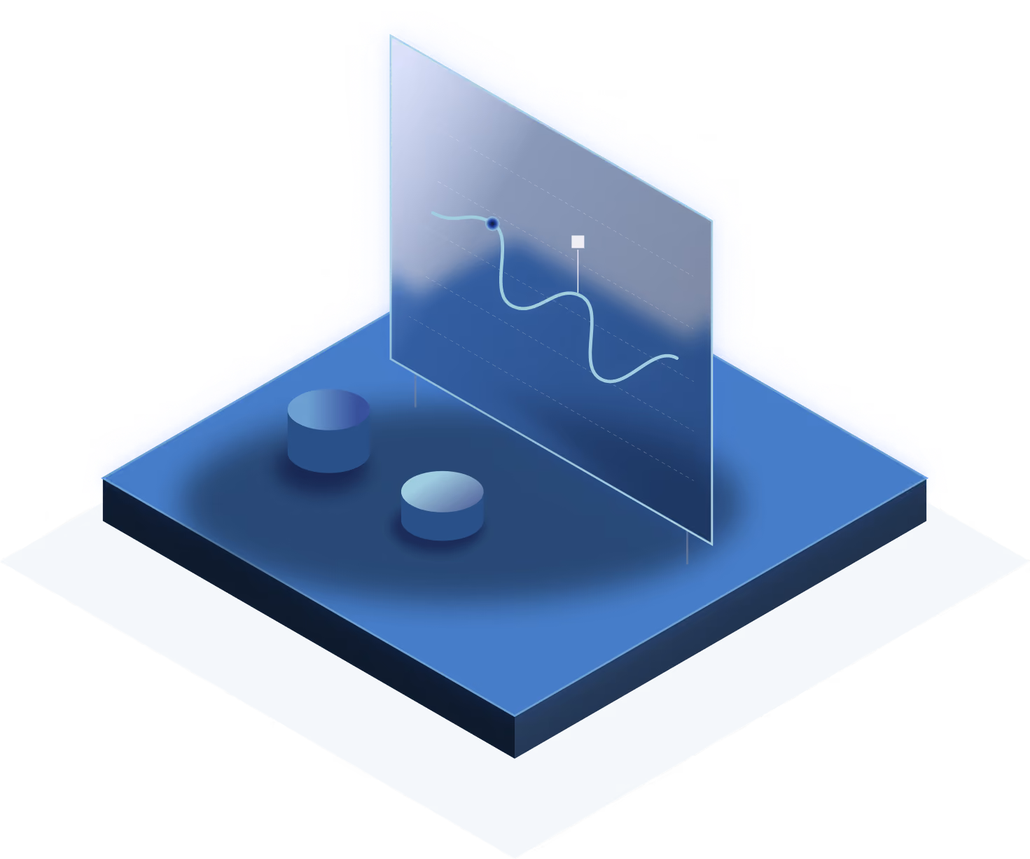 Isometric blue-toned illustration of a translucent vertical screen displaying a curved line graph with data points, mounted on a rectangular base with two cylindrical knobs.