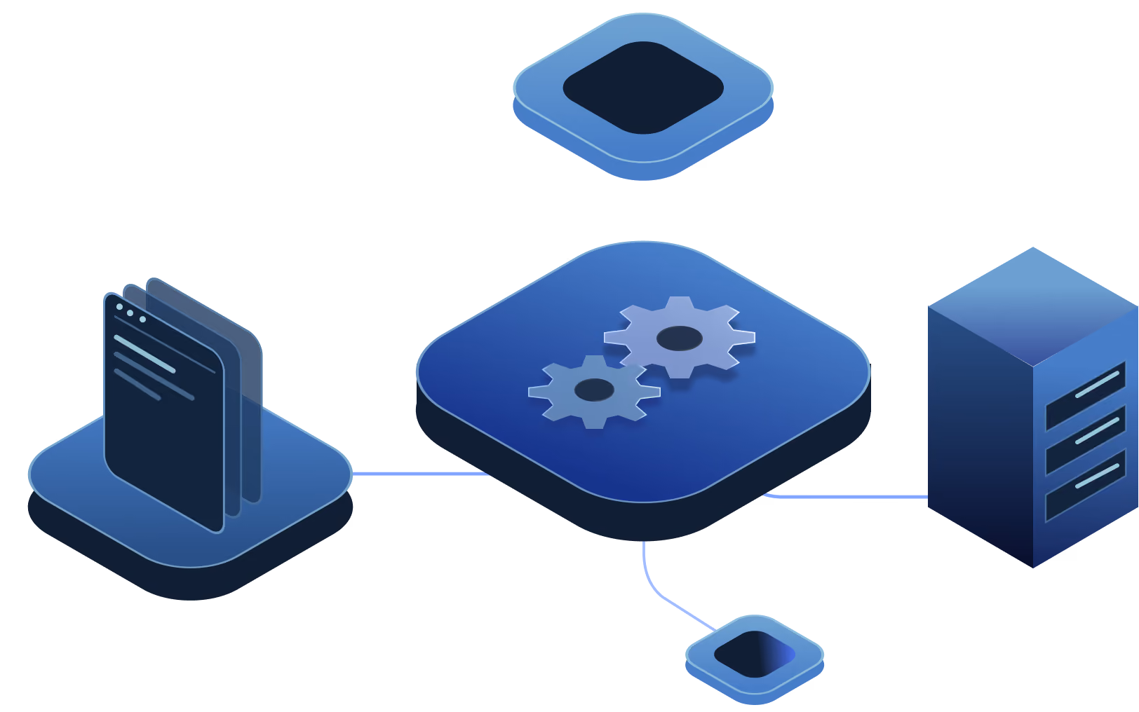 Isometric illustration of a blue technology system with interconnected components: a central square with two gears, a stack of blue files or documents on the left, a blue server tower on the right, and two smaller diamond-shaped blocks above and below the central block.
