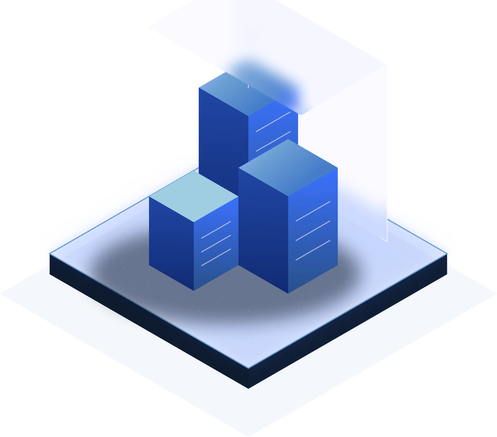Isometric illustration of three blue server towers on a platform with a glowing white screen behind them, representing data or network storage.