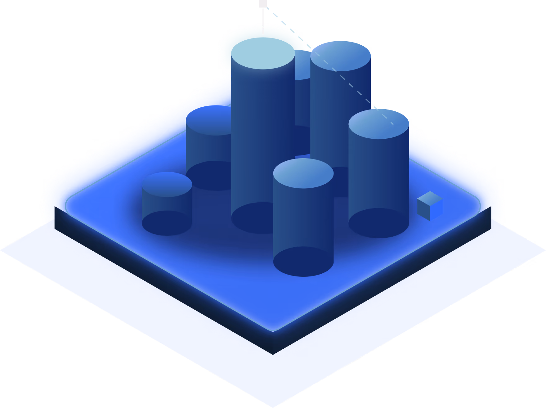 Isometric illustration of seven blue cylindrical bars of varying heights arranged on a blue square platform, representing a 3D bar chart or data visualization.