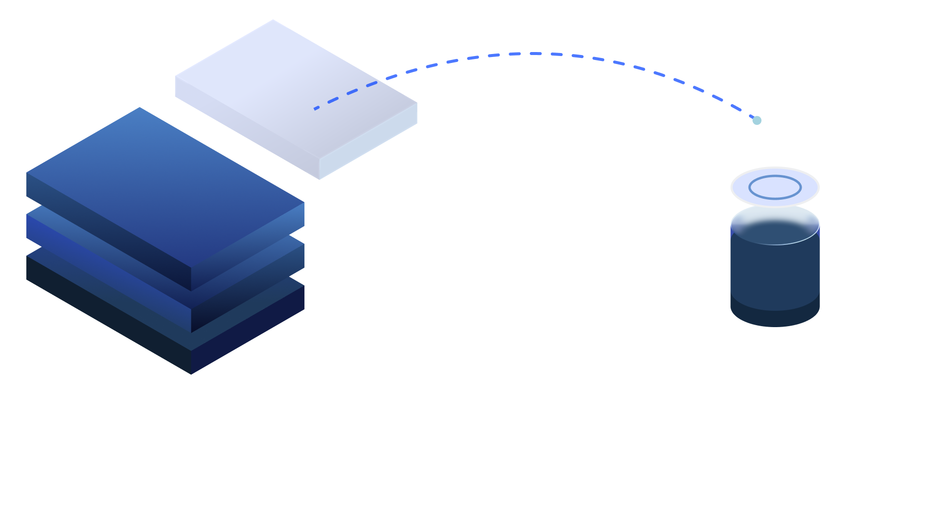 Illustration of cloud storage and a blue container representing data transfer or storage, linked by a dashed curved blue line.