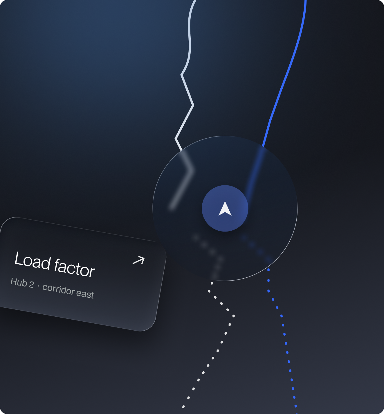 Dark-themed abstract digital interface with a navigation arrow icon inside a circular overlay, zigzag dotted lines in white and blue, and a label reading 'Load factor Hub 2 · corridor east' with an arrow indicating more details.