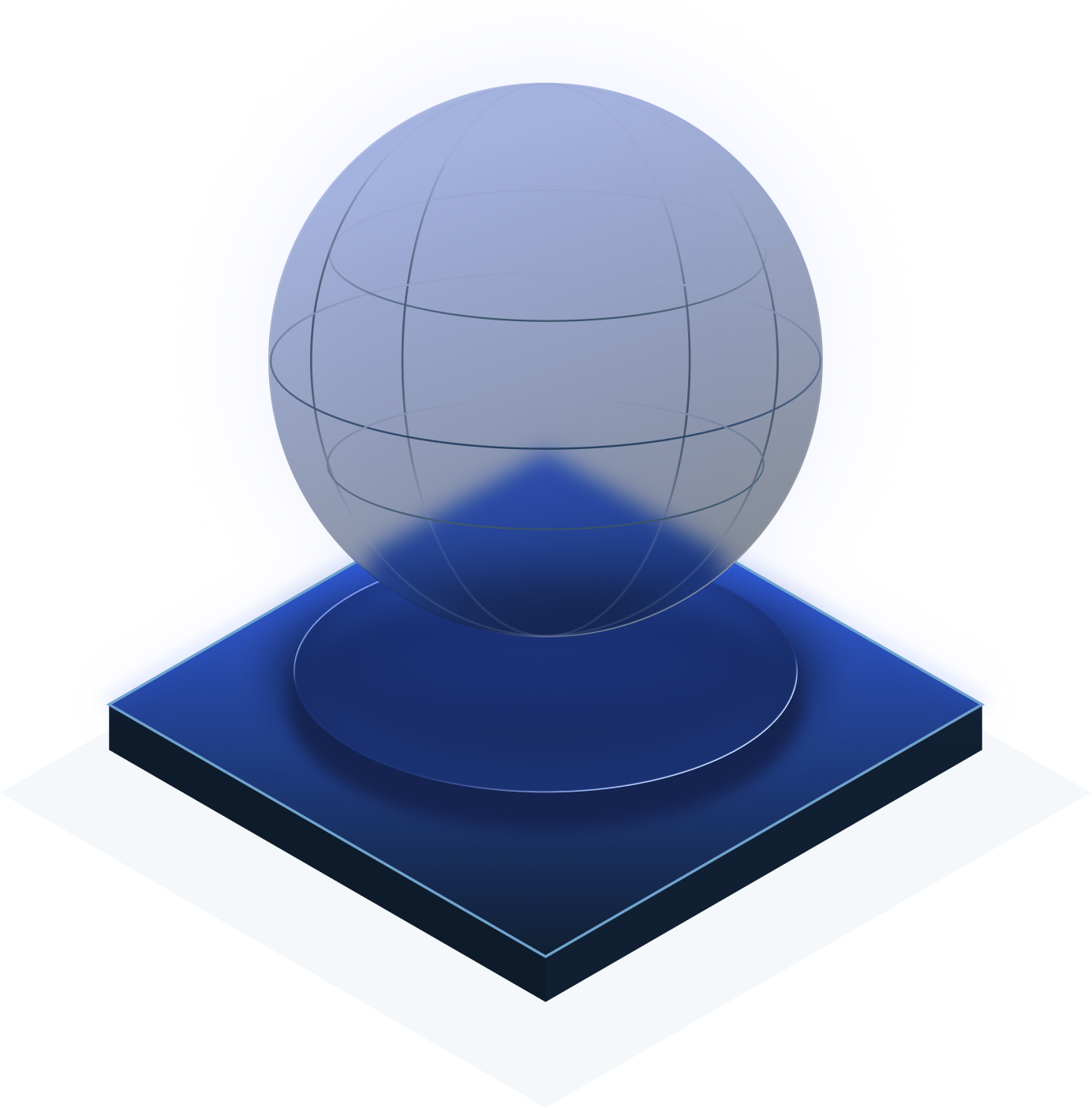 A translucent blue-gray globe with longitude and latitude lines resting on a dark blue square platform with glowing blue edges and a lighter blue background shadow.