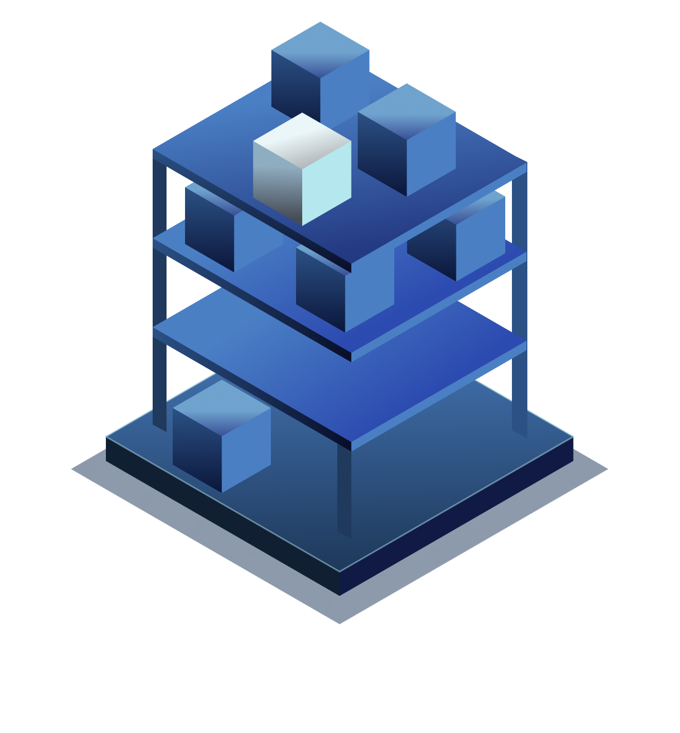 Isometric illustration of a three-tiered blue shelving unit holding seven blue cubes, one of which is white, set on a square base with small white stars in the background.