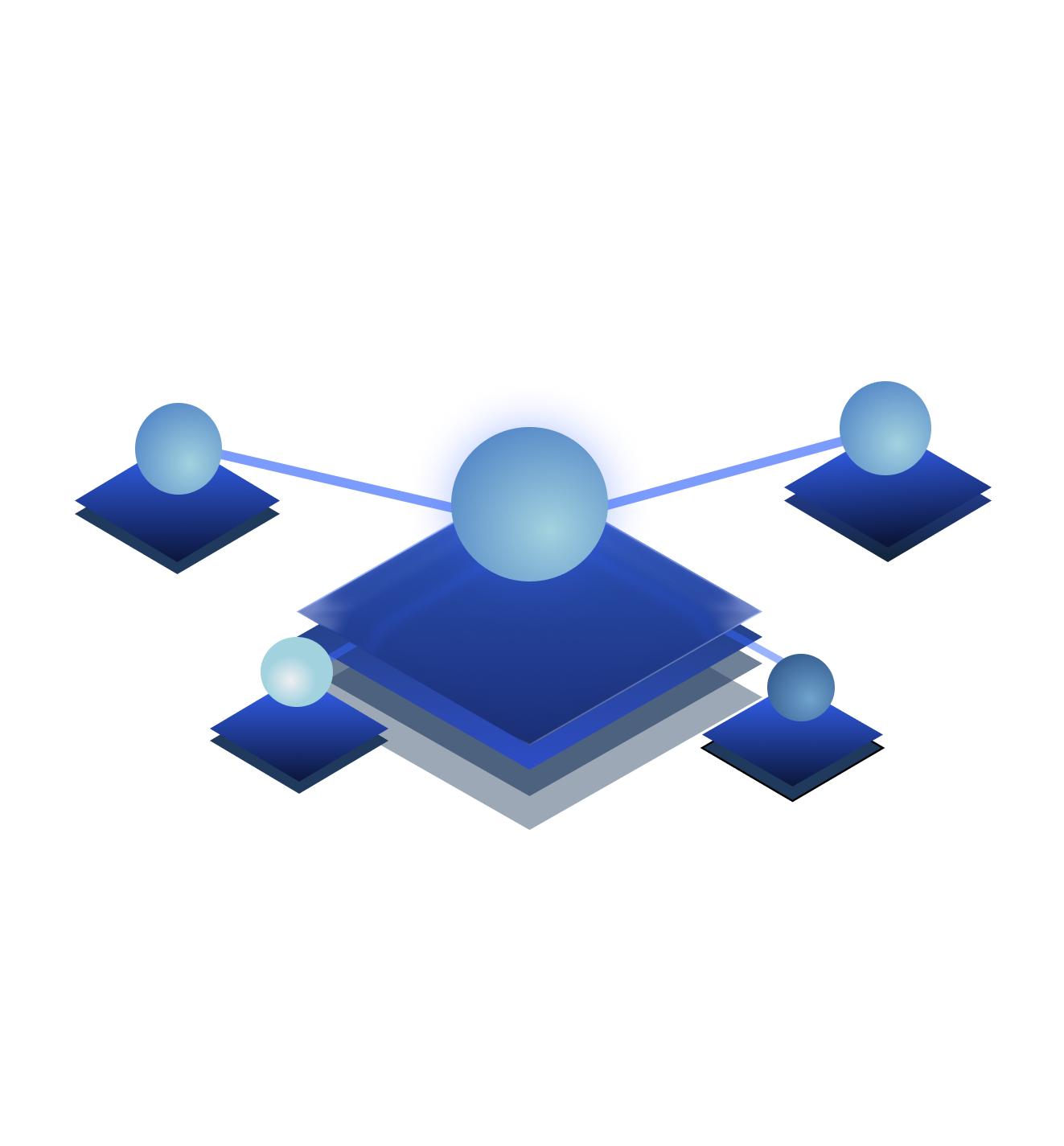 Abstract blue network diagram with a central large sphere connected to four smaller spheres, each positioned on layered square platforms.
