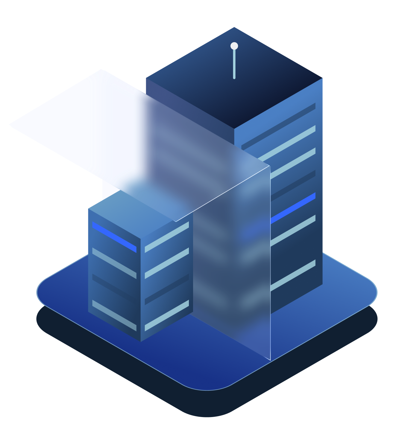 Digital illustration of two blue server towers connected by a translucent rectangular panel, representing data connection or network infrastructure.