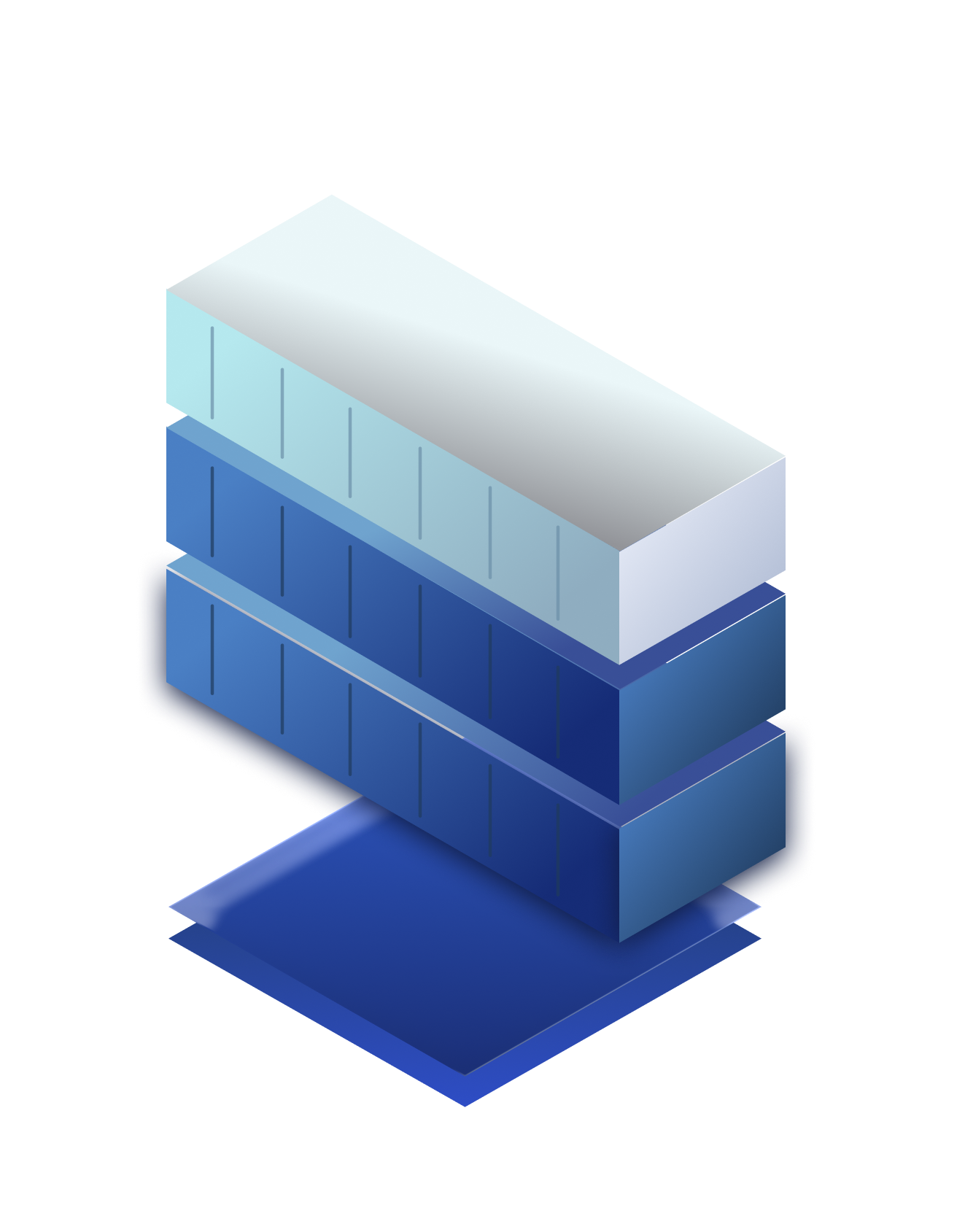 3D illustration of three horizontal rectangular blocks stacked with the bottom block extending beyond the rest, in shades of blue with vertical lines on the sides indicating divisions or segments.