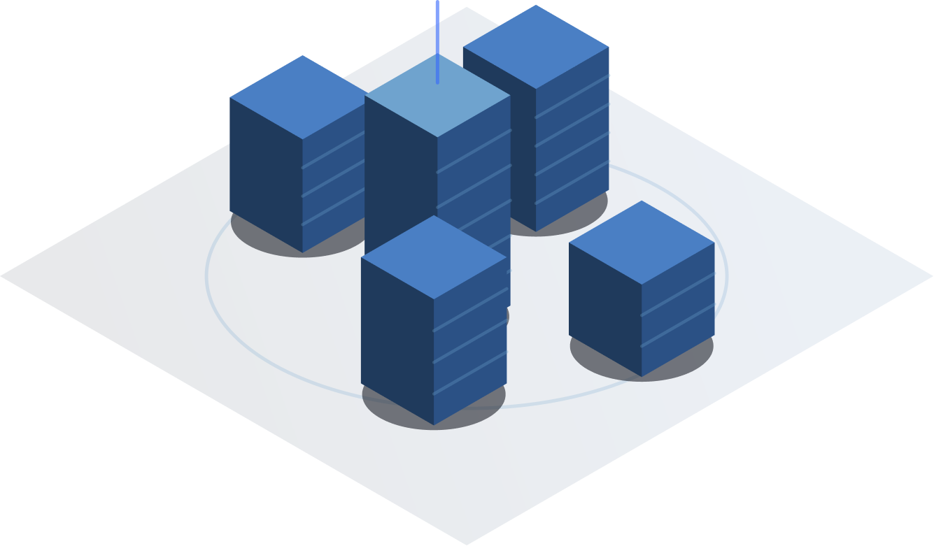 Isometric illustration of five blue server racks arranged in a circular pattern on a white hexagonal platform with shadows beneath each rack.