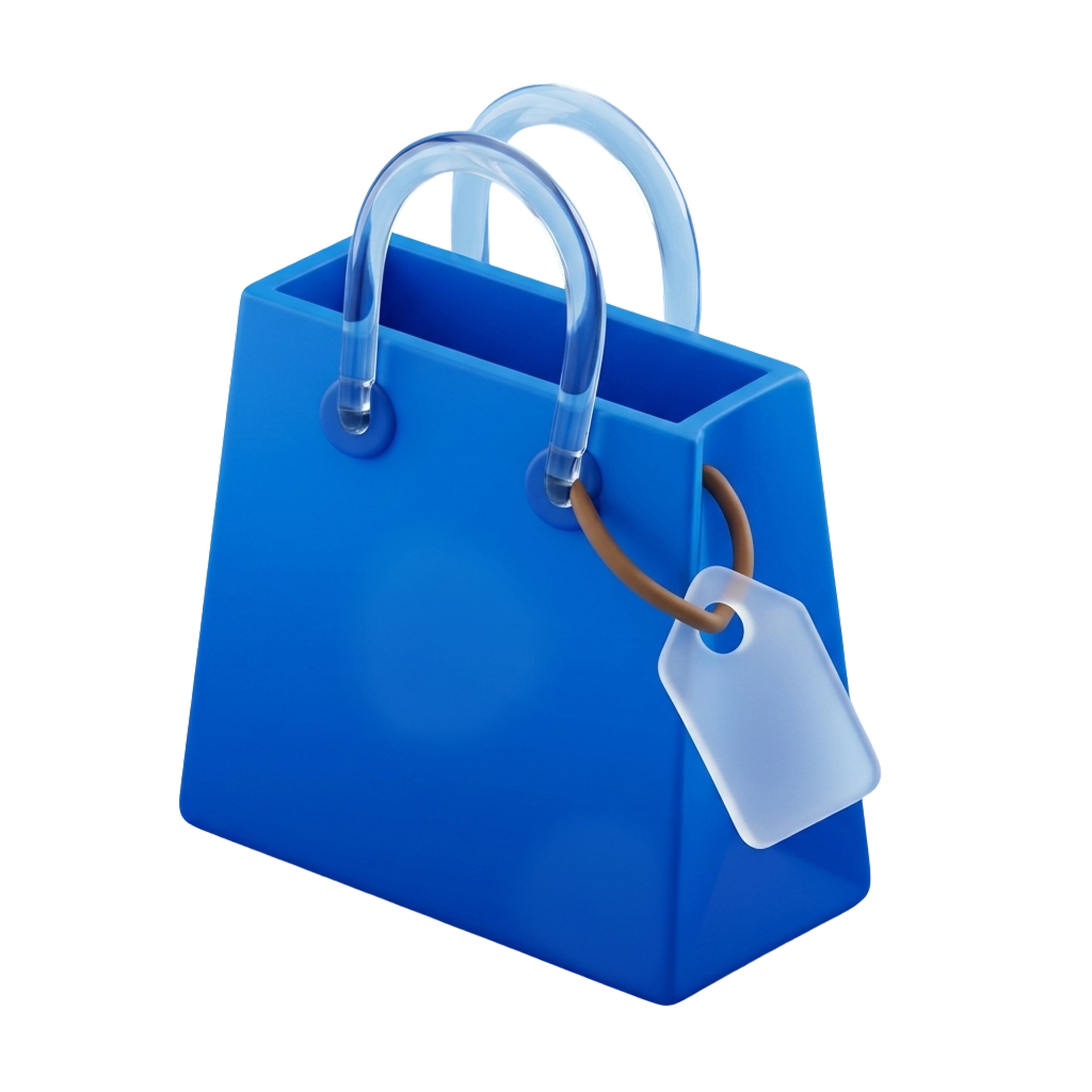 Blue shopping bag with transparent handles and a blank white price tag attached by a brown string.