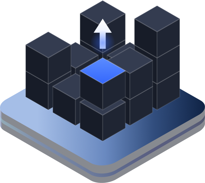 A group of dark 3D cubes on a blue platform with one central blue cube highlighted and an upward white arrow above it.