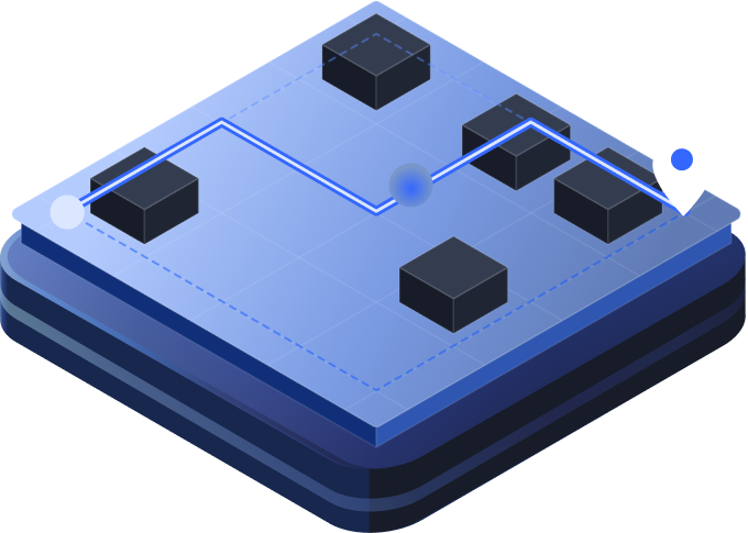 3D isometric map with black block buildings on a blue grid platform and a white circular start marker connected by a blue path ending at a white location pin marker.