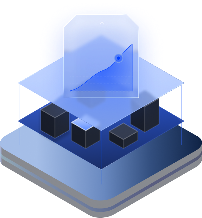 3D illustration showing a transparent platform with five dark cubes of varying heights underneath a translucent screen displaying a smooth upward trending line graph with a marked point near the top right.