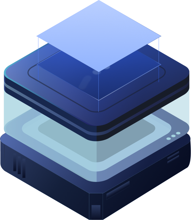 Abstract 3D illustration of a layered technology device or server unit with translucent and solid blue components stacked vertically.