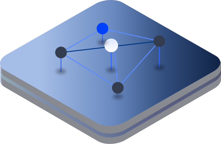 A 3D isometric illustration of a network with five connected nodes on a blue square platform, featuring one white and one blue node among dark nodes connected by thin blue lines.