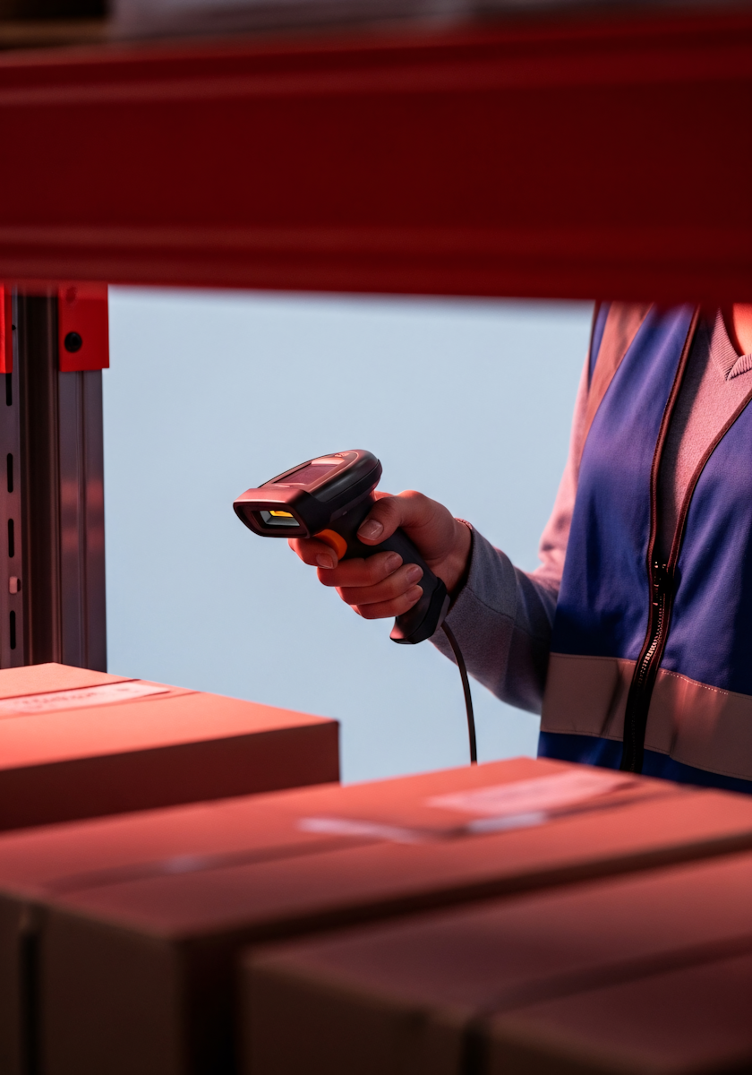 Person wearing a blue safety vest scanning barcodes on cardboard boxes with a handheld barcode scanner in a warehouse.