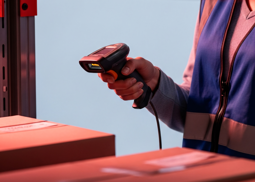 Person wearing a blue and gray jacket scanning barcodes on cardboard boxes with a handheld barcode scanner in a storage or shipping area.
