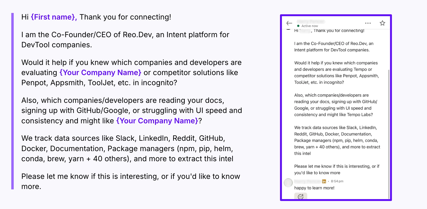 Key account research dimensions for DevTools including industry, use cases, and company size with messaging implications