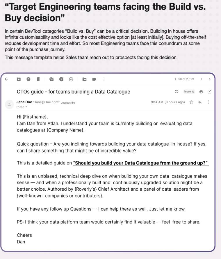 Cold email template targeting engineering teams debating build vs buy decisions with value-driven messaging