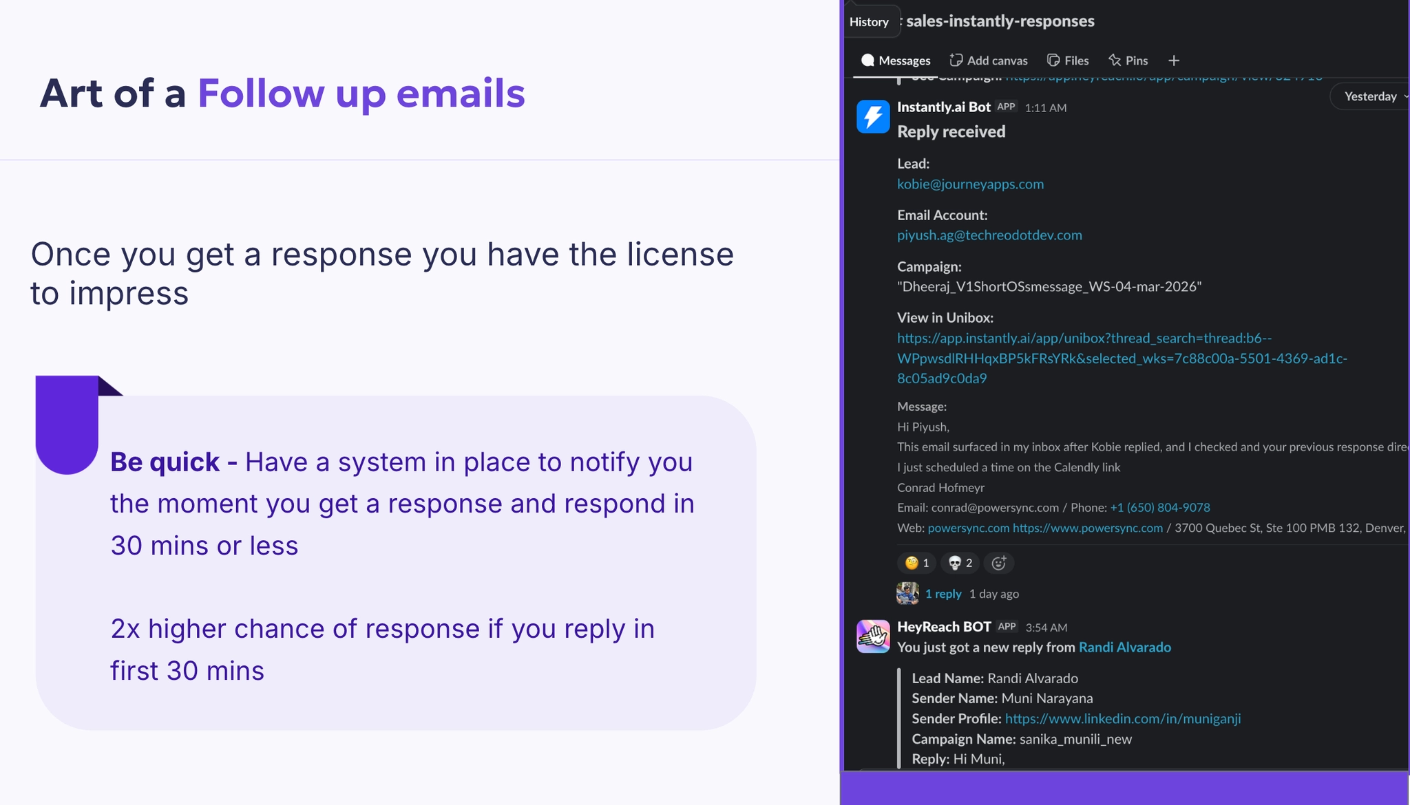 Follow-up email strategy emphasizing fast response time and system-based notification setup for higher conversions