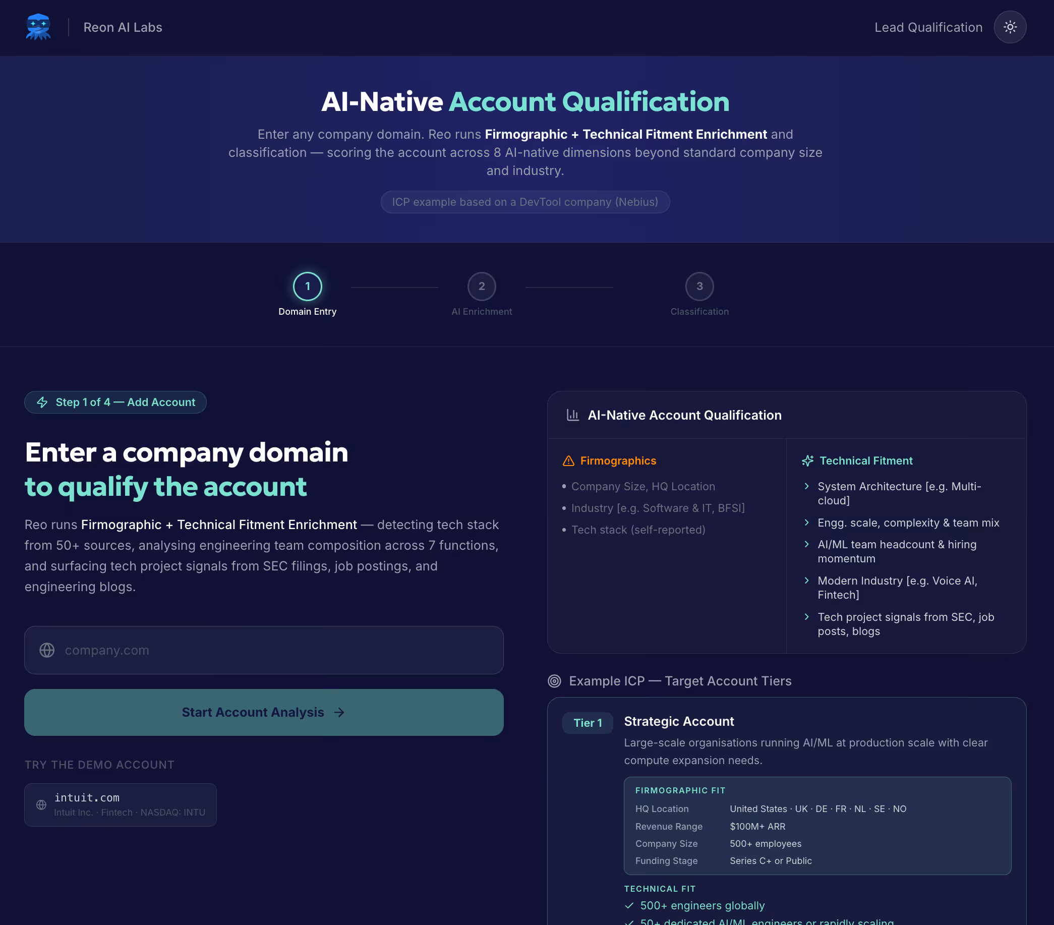 AI-native account qualification interface with domain input, firmographic analysis, and ICP scoring dashboard