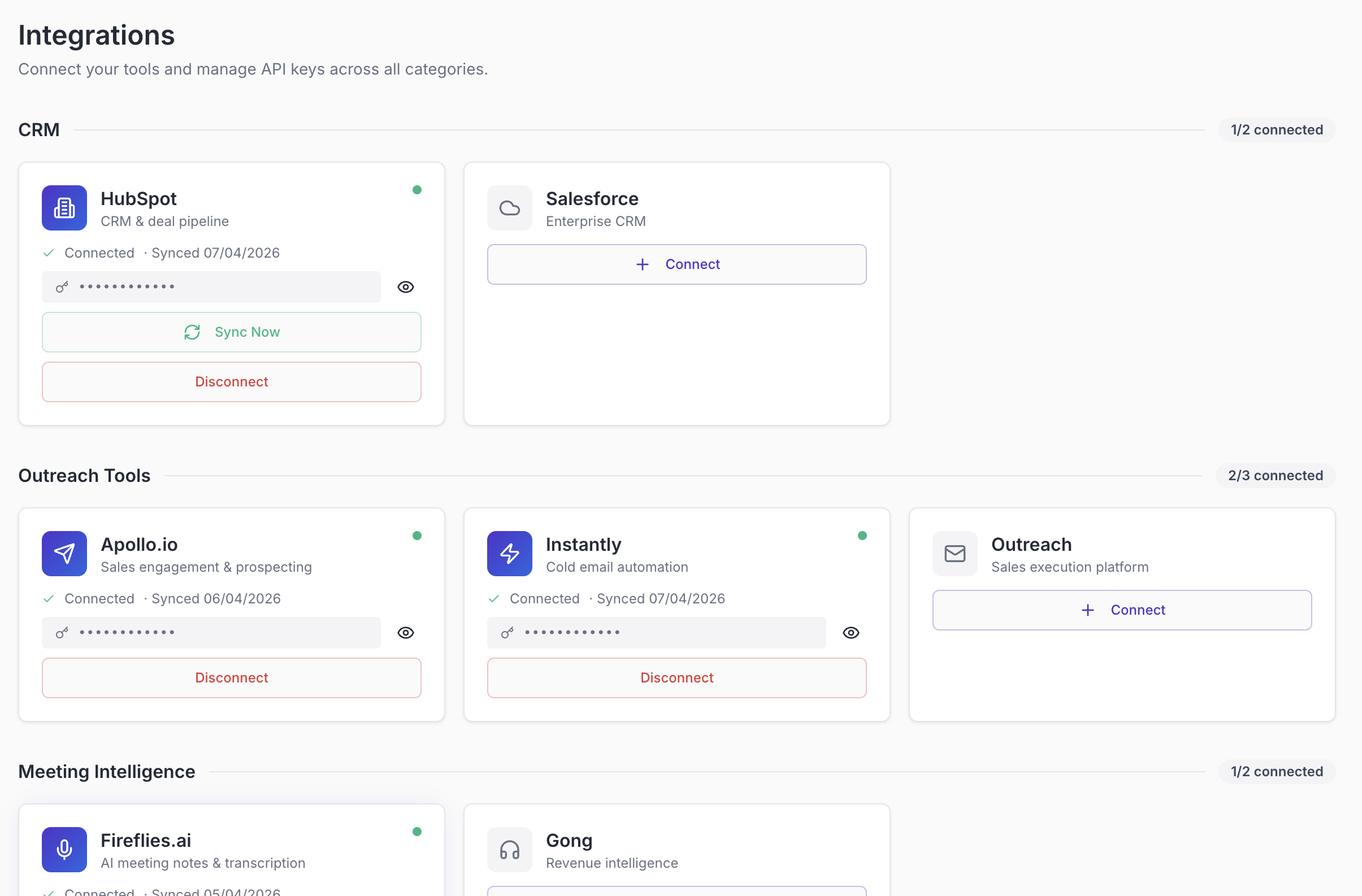 Integrations management dashboard displaying connected CRM, outreach tools, and meeting intelligence platforms with sync and connection status