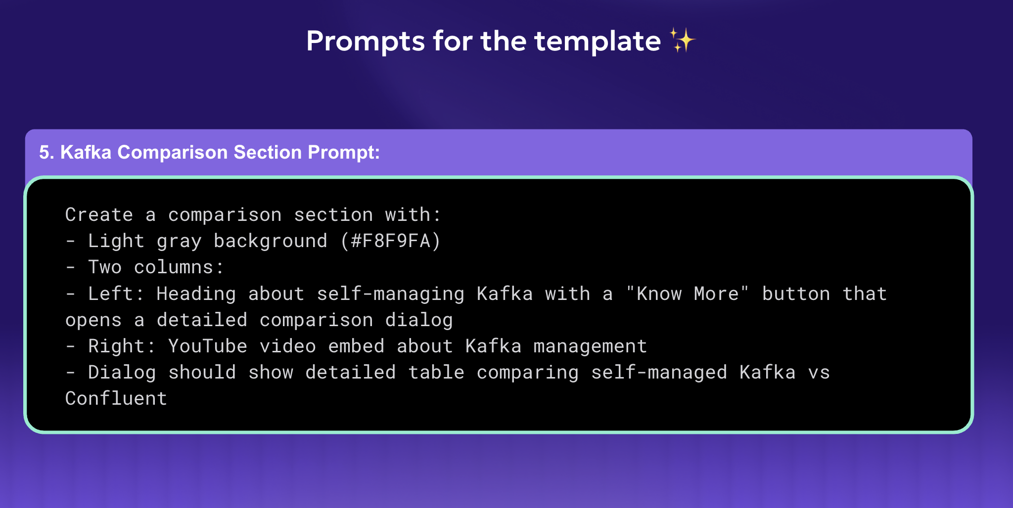 UI prompt for Kafka comparison section featuring two-column layout, video embed, and detailed comparison dialog between self-managed Kafka and Confluent