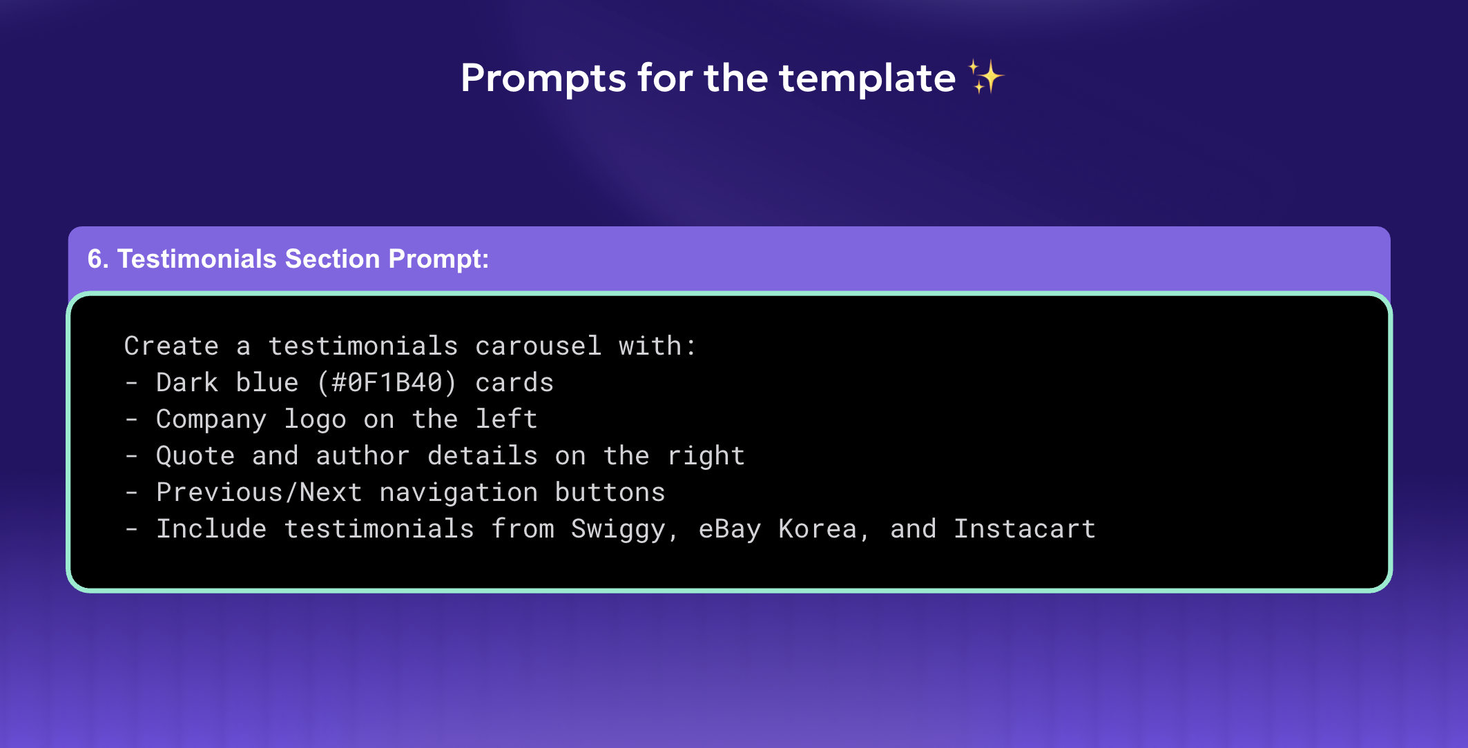 UI prompt for testimonials carousel with dark cards, company logos, quotes, author details, and navigation controls